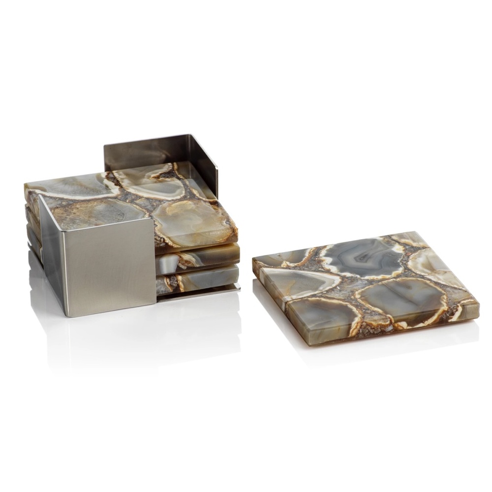 ZODAX  CRETE AGATE COASTERS ON METAL TRAY TAUPE/WHITE - SET OF 4  - NEW …